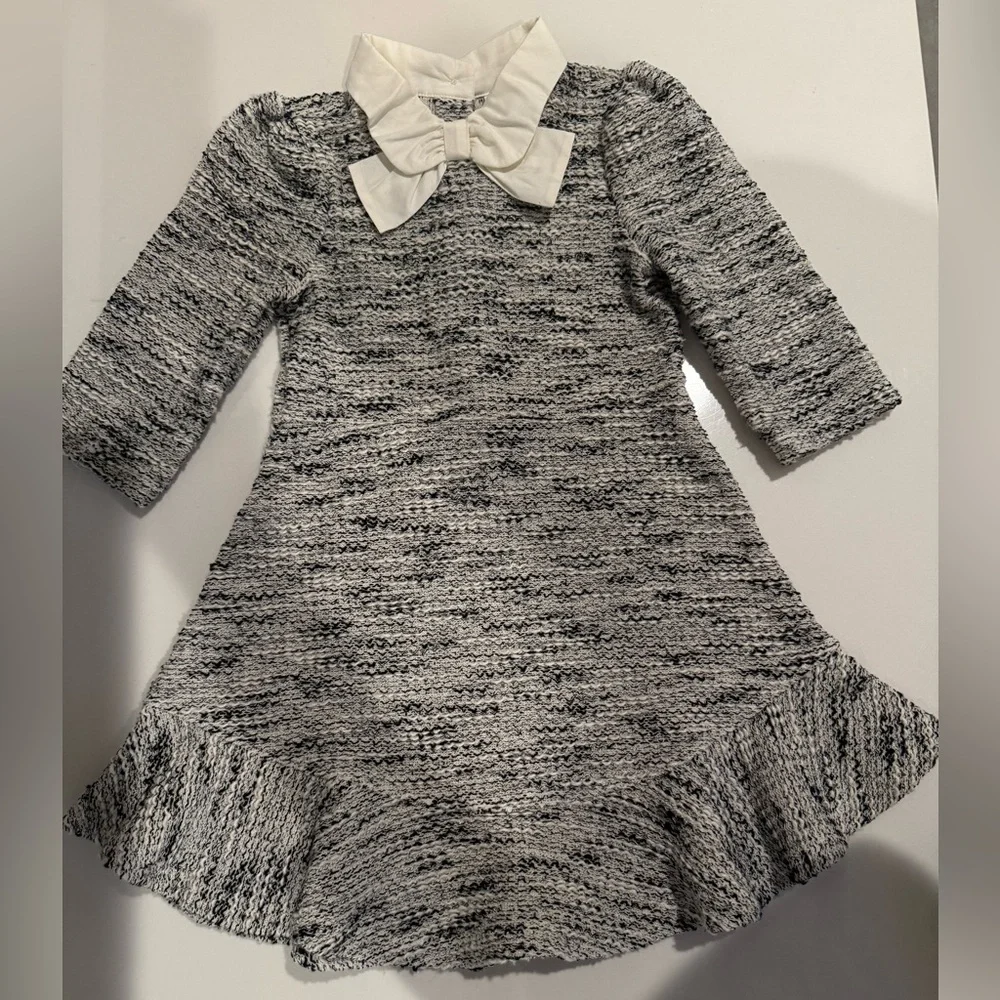 Janie and Jack Gray Tweed Dress with White Bow Collar Drop Waist Size 5